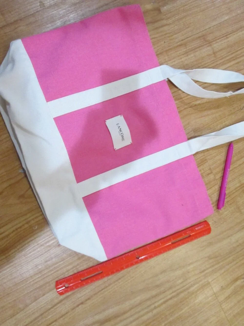 Cute pink and white LANCOME tote bag perfect for summer!